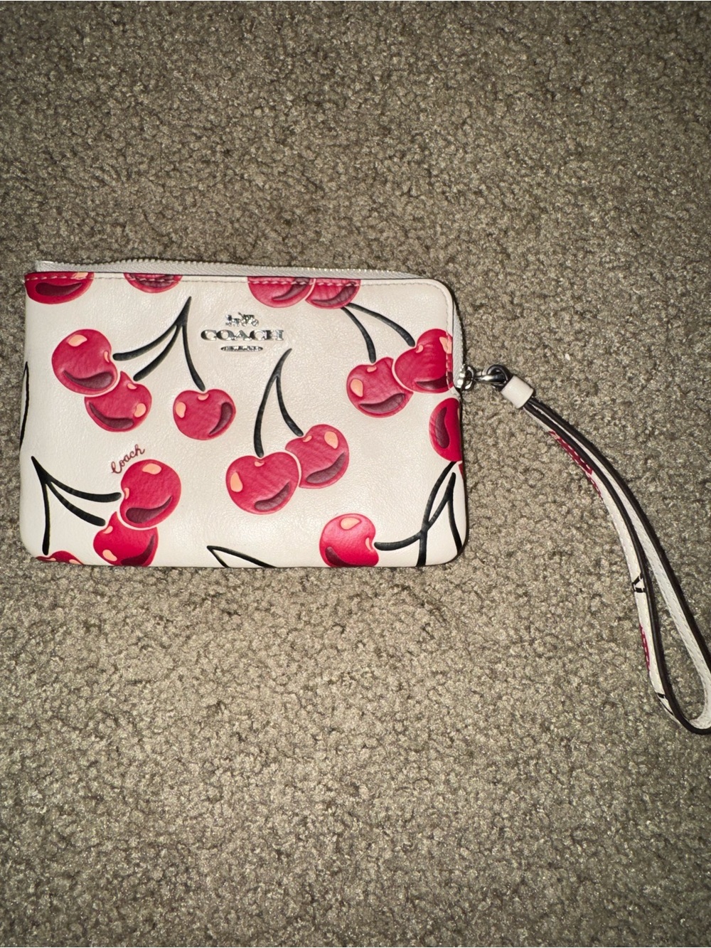 Coach White Leather Cherry Wristlet with Red Print